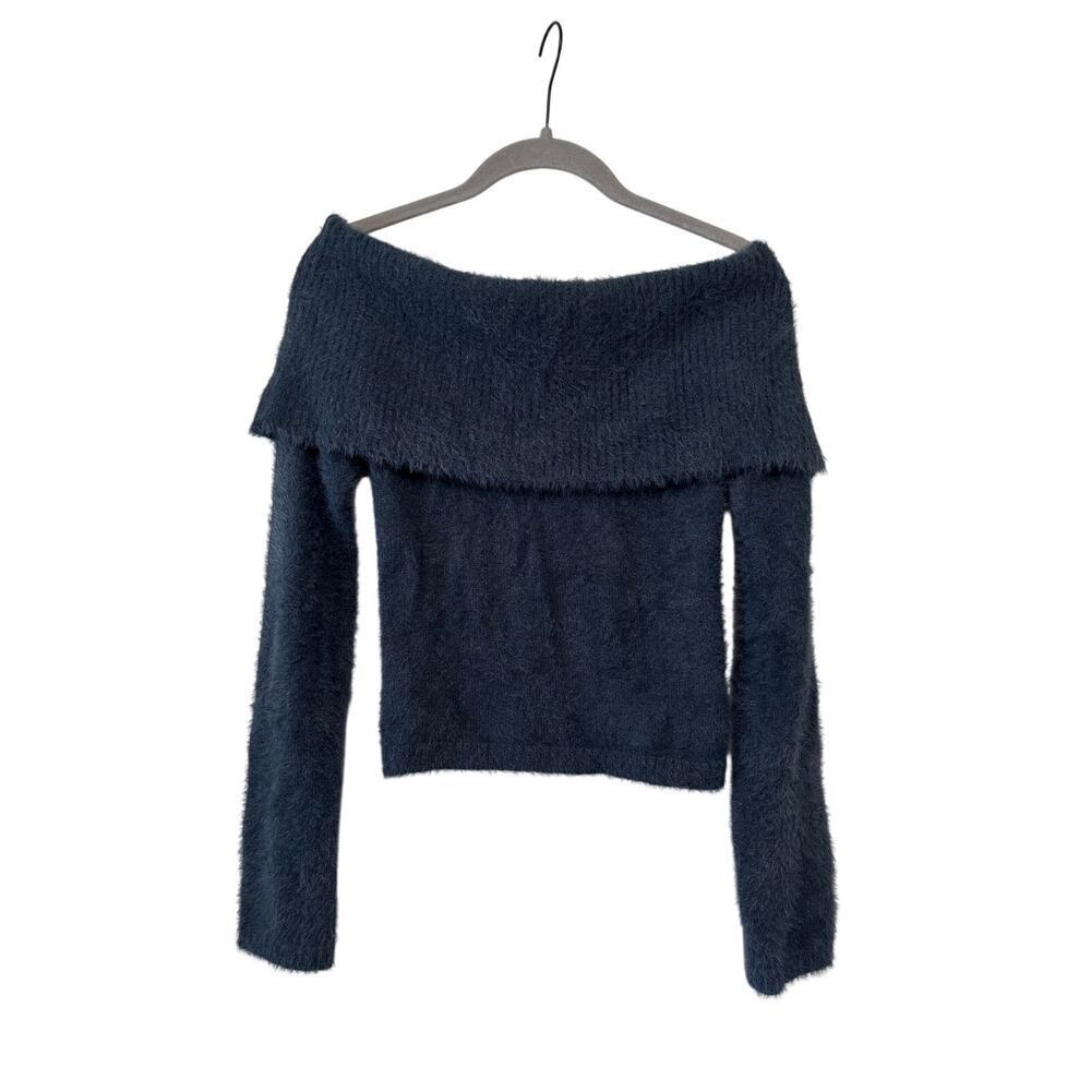 The Workshop Off Shoulder Eyelash Knit Sweater Women’s Blue Fuzzy Soft Pullover - Picture 2 of 7